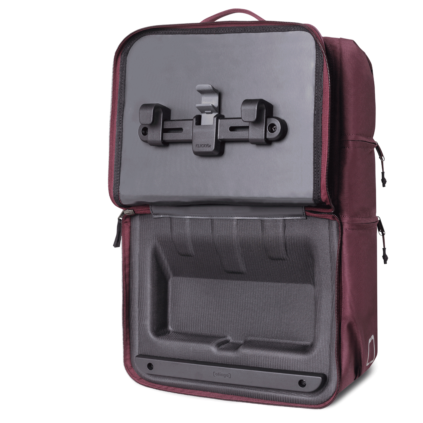 Wasserdichter otinga Flip V2 in aubergine rot von Rucksack zu Fahrradtasche umgewandelt in 7 Sekunden für den Gepäckträger am Fahrrad